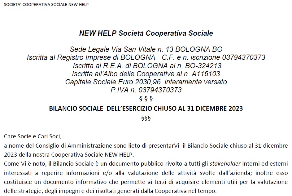 Bilancio Sociale New Help 2023